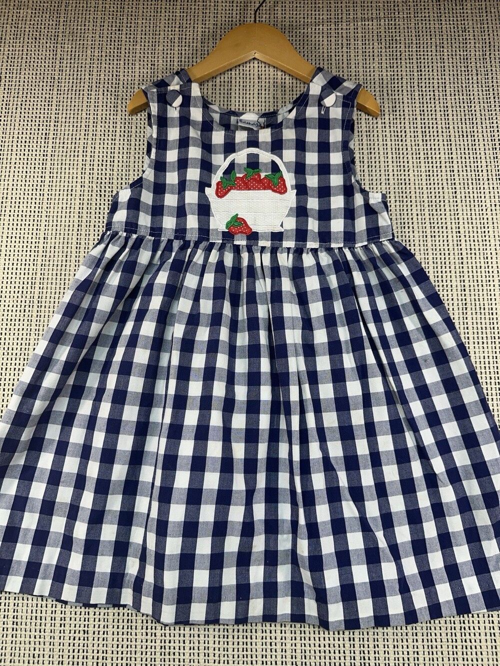 Vintage Gingham Kids Dress Girls Sz 6 Strawberry Appliqué Summer Cottagecore